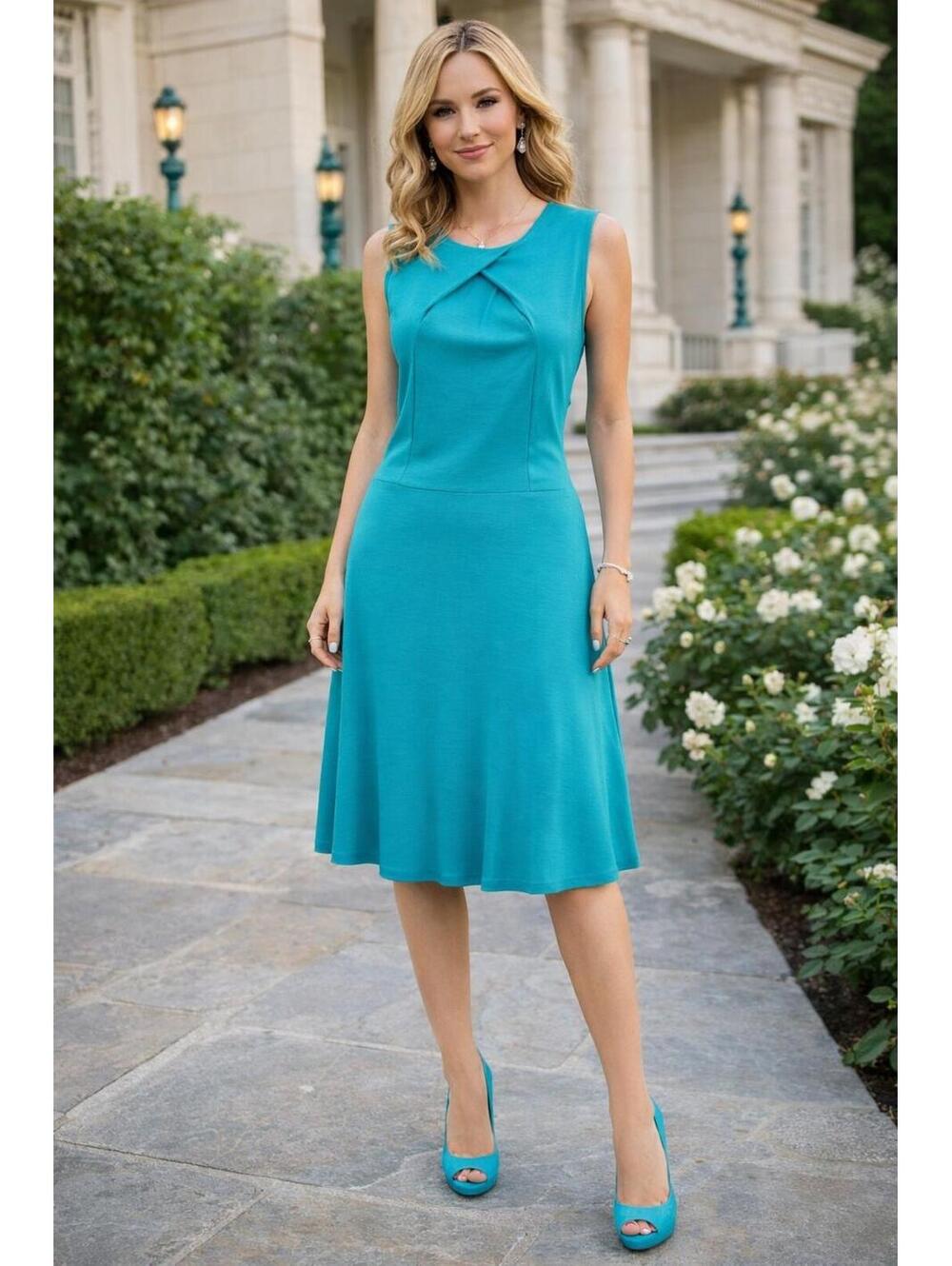 New York & Company Teal Sleeveless Fit & Flare Dress Size L Elegant Knee Length